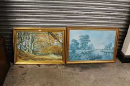 A GILT FRAMED OIL ON CANVAS ENTITLED RIDGEWAY AUTUMN BY H. SQUIRES 50CM X 75CM, TOGETHER WITH A GILT