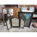 A VINTAGE SILK PAINTED FIRE SCREEN WITH TRIPLE BEDROOM MIRROR AND WALL MIRROR (3)