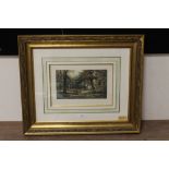 A PAIR OF GILT FRAMED AND GLAZED HAND COLOURED ENGRAVINGS OF WOODED LANDSCAPES BY AUBINIERE, 23 X 33