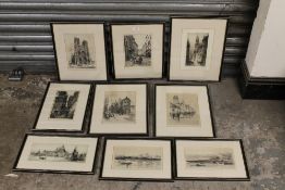 A COLLECTION OF ETCHINGS AND ENGRAVINGS TO INCLUDE A SIGNED VENITIAN SCENE (9)