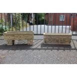 TWO CONCRETE RECTANGULAR PLANTERS COMPRISING OF A BRICK EFFECT EXAMPLE AND A MYTHICAL PATTERN