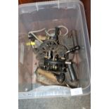 A BOX OF VINTAGE IRONS ETC