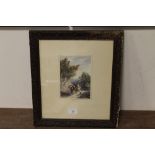 A FRAMED AN GLAZED WATERCOLOUR OF A FIGURE RIDING HORSES AND A DOG ON THE ROAD SIGNED A HULK LOWER