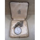 A HALLMARKED SILVER OPEN FACED POCKET WATCH AND CHAIN WITH HALLMARKED SILVER FOB