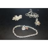 TWO STERLING SILVER CHAINS, ONE WITH PEARL PENDANT, TOGETHER WITH A SILVER BRACELET