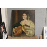 A 19TH CENTURY OIL ON CANVAS LAID ON BOARD OF A FEMALE FIGURE PLAYING A LUTE 71CM X 60CM
