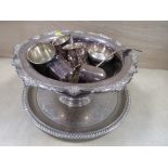 A SILVER PLATED PUNCH BOWL SET AND A TRAY
