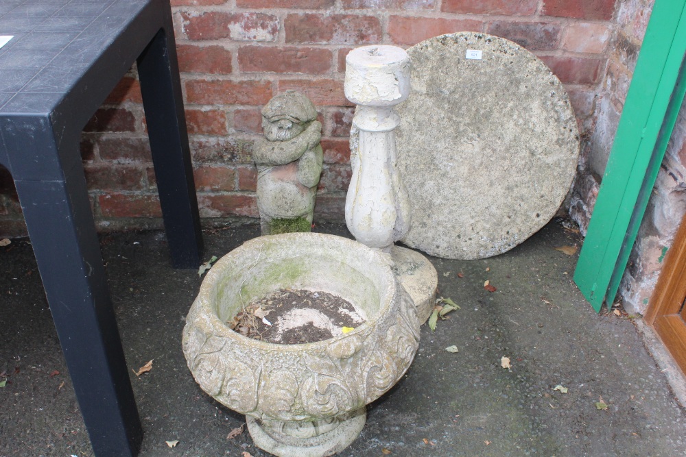 A CONCRETE GARDEN TABLE, PLUS A FIGURE AND PLANTER ON PLINTH (3)