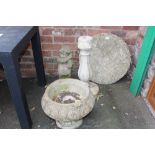 A CONCRETE GARDEN TABLE, PLUS A FIGURE AND PLANTER ON PLINTH (3)