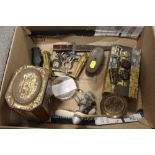 A BOX OF COLLECTABLES TO INCLUDE SCOUTS BELT BUCKLES, MODEL AEROPLANE PROPELLER WWII NIGHTLIGHT ETC