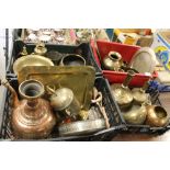 FOUR TRAYS OF EASTERN BRASSWARE AND OTHER METALWARE TO INCLUDE A COPPER POURER