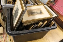 A BOX OF FRAMED AND GLAZED ANTIQUES ENGRAVINGS AND SPY PRINTS ETC