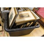 A BOX OF FRAMED AND GLAZED ANTIQUES ENGRAVINGS AND SPY PRINTS ETC