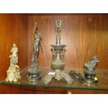 A SMALL COLLECTION OF METALWARE TO INCLUDE A CANDLE CENTREPIECE TOGETHER WITH SPELTER STYLE