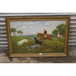 A LARGE ANTIQUE GILT FRAMED OIL ON CANVAS DEPICTING A FOX HUNTING SCENE SIGNED W.T. OWEN 1903