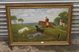 A LARGE ANTIQUE GILT FRAMED OIL ON CANVAS DEPICTING A FOX HUNTING SCENE SIGNED W.T. OWEN 1903