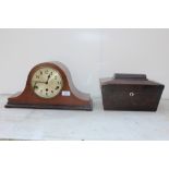 AN ANTIQUE ROSEWOOD TEA CADDY TOGETHER WITH A NAPOLEON HAT MANTLE CLOCK (2)