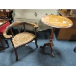 A SMALL ANTIQUE TRIPOD TABLE WITH A BERGERE ARMCHAIR (2)