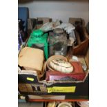 A TRAY OF ASSORTED COLLECTABLES TO INCLUDE CANDLE LANTERNS, SUPER CHROME HARMONICA ETC