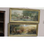 A PAIR OF ANTIQUE GILT FRAMED AND GLAZED PRINTS DEPICTING CATTLE - H 33 CM BY 86 CM
