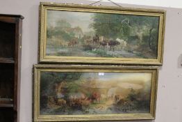 A PAIR OF ANTIQUE GILT FRAMED AND GLAZED PRINTS DEPICTING CATTLE - H 33 CM BY 86 CM