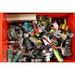 A BOX OF PLAYWORN DIECAST TOY CARS TO INCLUDE LESNEY, SIKU ETC