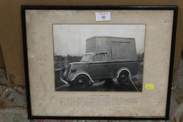 AN UNUSUAL FRAMED AND GLAZED PRINT OF A HENRY FOOD EMERGENCY FOOD VAN WITH DETAILS ON MOUNT - H 30