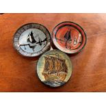 TWO POOLE POTTERY 'AEGEAN' WALL PLATES / DISHES IN SHAPE NO. 4, EACH DEPICTING YACHTS IN SAIL,