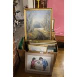 A TRAY OF ASSORTED WATERCOLOURS, OIL PAINTINGS ETC TOGETHER WITH A MONET PRINT AND A GILT FRAMED