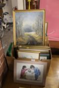 A TRAY OF ASSORTED WATERCOLOURS, OIL PAINTINGS ETC TOGETHER WITH A MONET PRINT AND A GILT FRAMED