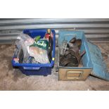 A VINTAGE AMMUNITION CRATE OF TOOLS TOGETHER WITH A BOX OF TOOLS AND PARTS TO INC A QUANTITY OF