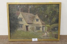 A GILT FRAMED OIL ON BOARD DEPICTING A RUSTIC COTTAGE SCENE WITH FIGURES WITH PORTRAIT STUDY VERSO