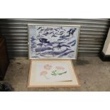 A LARGE FRAMED AND GLAZED WHALES AND DOLPHINS PRINT, TOGETHER WITH AN INDISTINCTLY SIGNED FLORAL