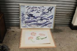 A LARGE FRAMED AND GLAZED WHALES AND DOLPHINS PRINT, TOGETHER WITH AN INDISTINCTLY SIGNED FLORAL