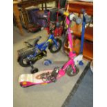 A PINK RAZOR ELECTRIC SCOOTER WITH CHARGER, TOGETHER WITH A SUBARU CHILDS BIKE AND A SCOOTER (3)