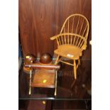 A WOODEN MINIATURE WINDSOR ARMCHAIR TOGETHER WITH A ORIENTAL STYLE PEN STAND AND A PAIR OF ACORN