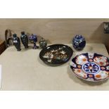 A COLLECTION OF ORIENTAL CLOISONNE VASES ETC TOGETHER WITH AN IMARI BOWL, GINGER JAR ETC (7)