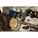 A BOX OF COSTUME JEWELLERY, PURSE, COMPACT ETC