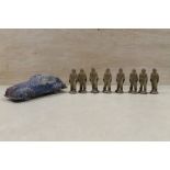 A VINTAGE STOKE ON TRENT MADE TOY CAR TOGETHER WITH A COLLECTION OF CERAMIC SOLDIER FIGURES