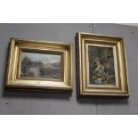 TWO GILT FRAMED OIL ON CANVAS PAINTINGS OF A WATERFALL AND A RIVER SCENE WITH BOATS BOTH SIGNED