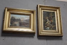 TWO GILT FRAMED OIL ON CANVAS PAINTINGS OF A WATERFALL AND A RIVER SCENE WITH BOATS BOTH SIGNED