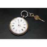 ANTIQUE SILVER LADIES POCKET WATCH & KEY - BIRMINGHAM 1893