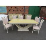 AN ITALIAN STYLE CREAM LACQUERED TABLE AND SIX CHAIRS (4 + 2) TABLE - APPROX 120 CM X 201 CM