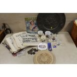 A COLLECTION OF ROYAL MEMORABILIA TO INCLUDE VINTAGE NEWSPAPERS, TOGETHER WITH AN EMBOSSED METAL CHA