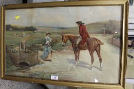 A GILT FRAMED AND GLAZED PEAR'S SOAP PRINT OF A GENTLEMAN ON HORSEBACK SPEAKING TO A LADY IN A