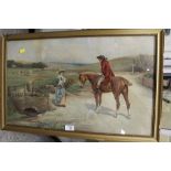 A GILT FRAMED AND GLAZED PEAR'S SOAP PRINT OF A GENTLEMAN ON HORSEBACK SPEAKING TO A LADY IN A