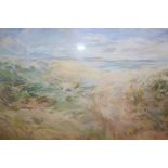 A FRAMED AND GLAZED PASTEL OF A SEASIDE LANDSCAPE SIGNED AUDREY PILKINGTON LOWER RIGHT