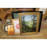 A QUANTITY OF ASSORTED PICTURES AND PRINTS TO INCLUDE A GILT FRAMED OIL ON BOARD OF A COUNTRY