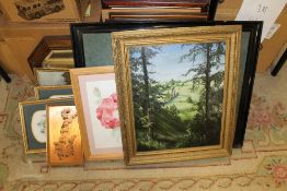 A QUANTITY OF ASSORTED PICTURES AND PRINTS TO INCLUDE A GILT FRAMED OIL ON BOARD OF A COUNTRY