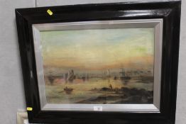 A FRAMED AND GLAZED OIL ON CANVAS FEATURING A SUNSET FISHING SCENE - H 35 CM BY W 49 CM